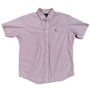 Ralph Lauren Button Down Shirt Seersucker Short Sleeve Red White Stripe Mens XL